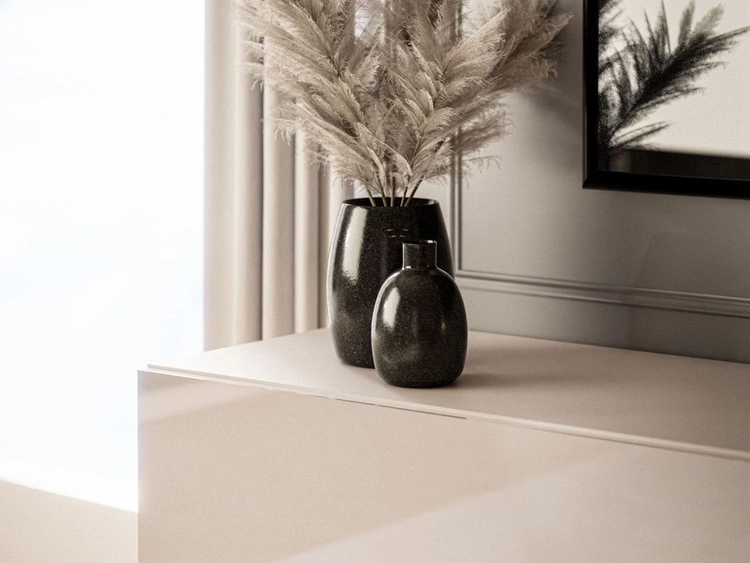 Szafka RTV do salonu 180 cm ze złotymi metalowymi nóżkami i oświetleniem LED Aurelie Kaszmir połysk