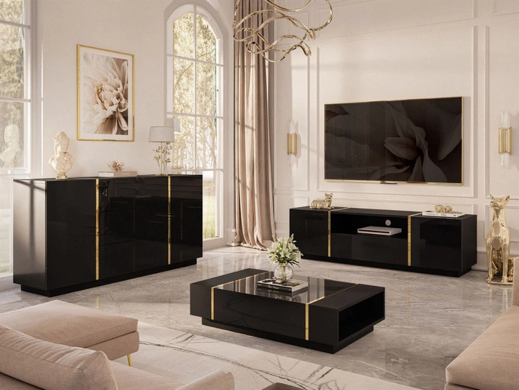 Zestaw mebli do salonu w stylu glamour Lunelie Czarny połysk