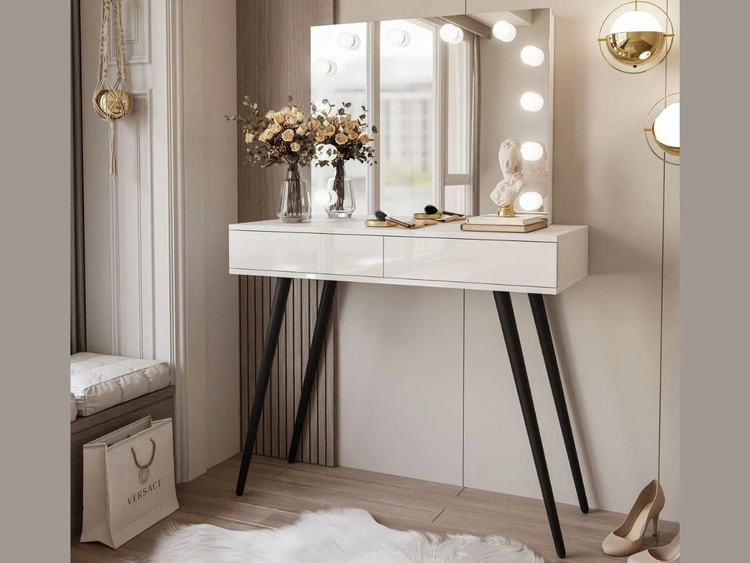 Toaletka kosmetyczna w stylu glamour z czarnymi nogami, lustrem i oświetleniem LED Olivine Elite biały połysk