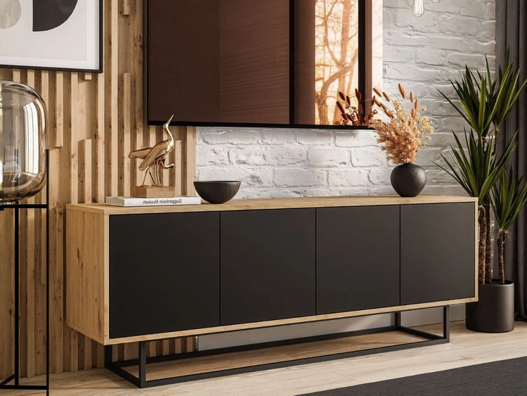 Szafka RTV pod telewizor z drzwiczkami i czarnym stelażem Vivance Czarny i dąb artisan