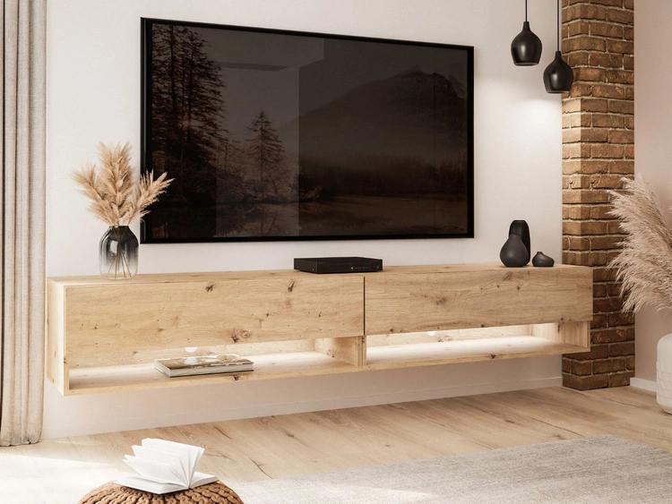 Szafka RTV wisząca 180 cm do salonu z oświetleniem LED Aurelie Dąb Artisan