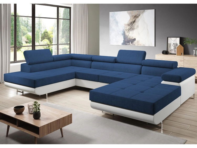 Narożnik U lewy z funkcją spania i pojemnikiem Solam U Granatowy, Biały