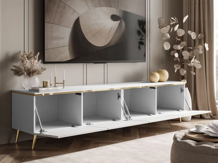 Szafka RTV czterodrzwiowa w stylu glamour z oświetleniem LED Celle biały połysk