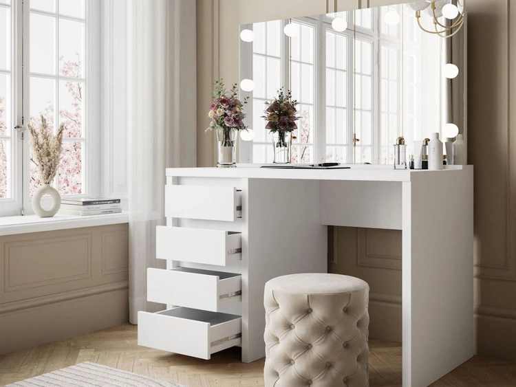 Toaletka z szerokim lustrem, szufladami i oświetleniem LED Nesso biały mat