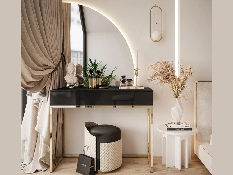 Toaletka kosmetyczna prawostronna z szufladami i oświetleniem LED na złotych nogach Clarette Czarny połysk