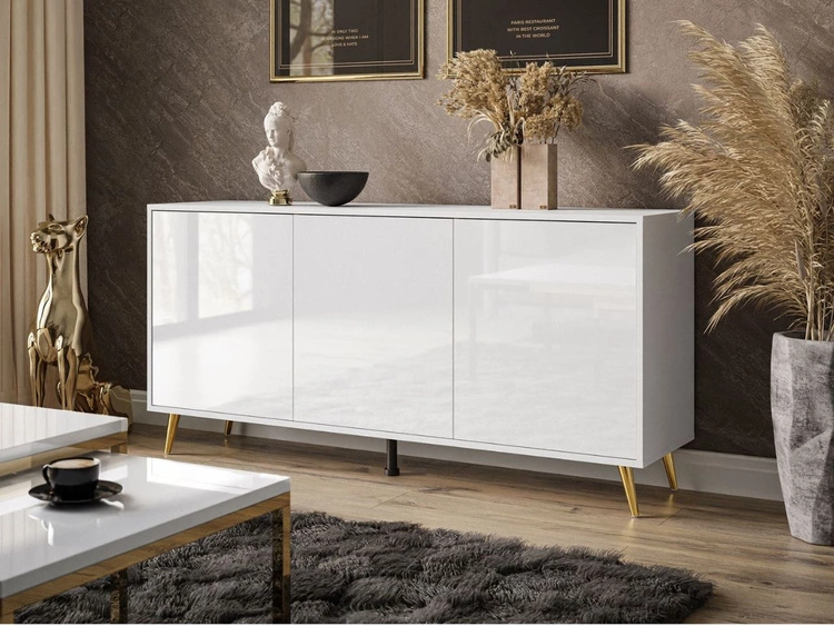 Trzydrzwiowa komoda 154 cm w stylu glamour na złotych nogach Vivance biały połysk