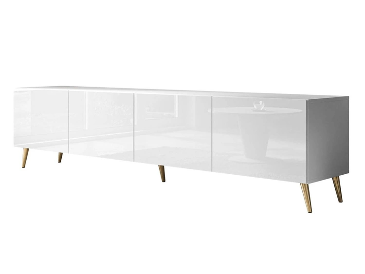 Szafka RTV pod telewizor z drzwiczkami na złotych nóżkach 200 cm Nodoo Biały połysk