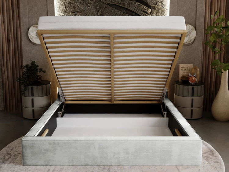 Łóżko tapicerowane z pojemnikiem i stelażem 200x200 Apollo Jasnoszare