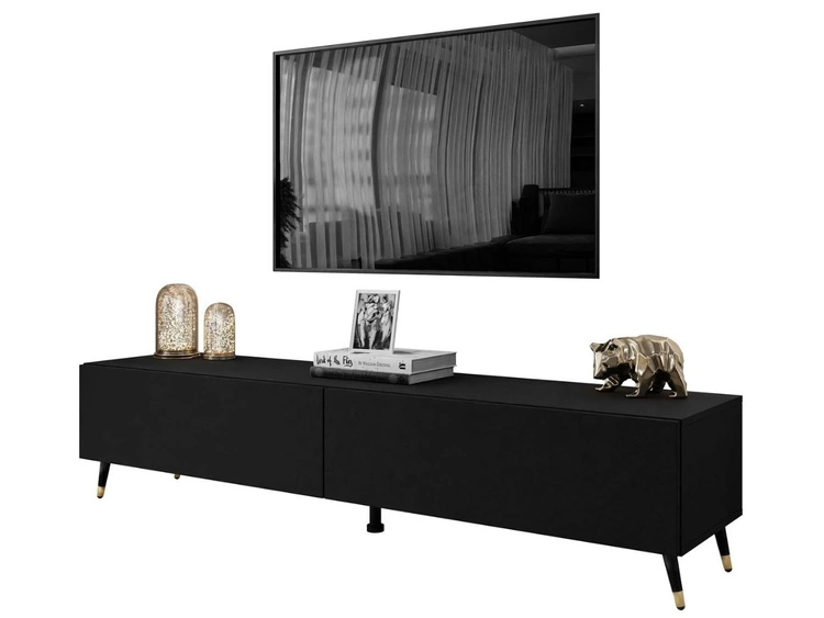 Szafka RTV pod telewizor z drzwiczkami na czarno-złotych nóżkach 175 cm Sorelle Czarny mat
