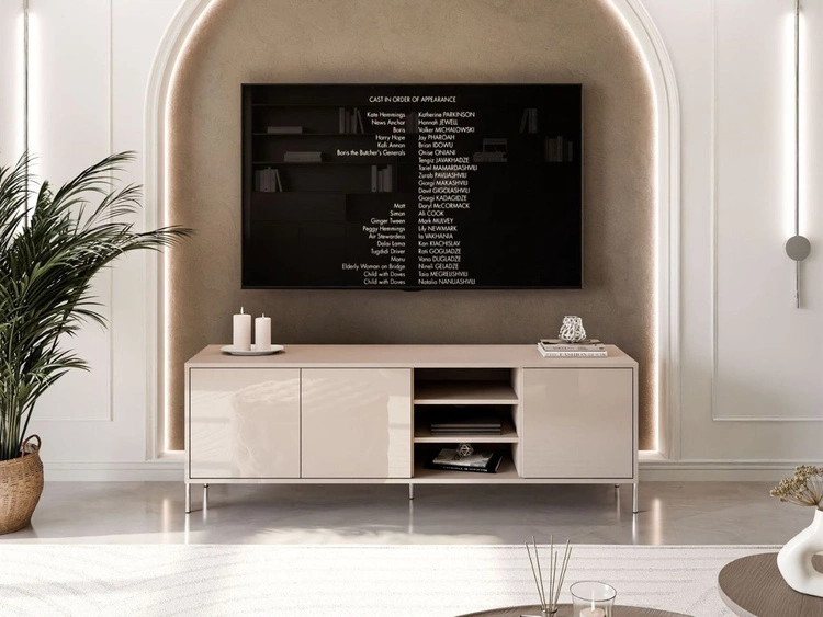 Szafka RTV glamour pod telewizor z drzwiczkami na srebrnych prostych nogach Vivance Kaszmir połysk