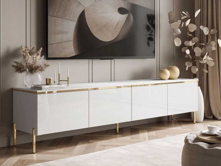 Szafka RTV w stylu glamour z oświetleniem LED Celle biały połysk