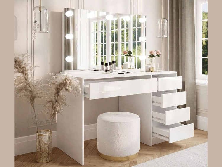 Toaletka z lustrem, szufladami i oświetleniem LED Melo Elite biały połysk