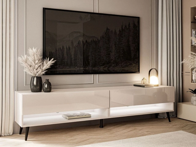 Szafka RTV do salonu 180 cm z czarnymi nóżkami i oświetleniem LED Aurelie Kaszmir połysk