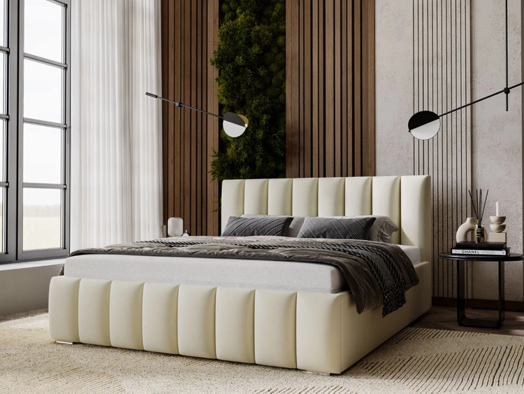 Łóżko tapicerowane z pojemnikiem i stelażem 200x200 Neos Beżowe