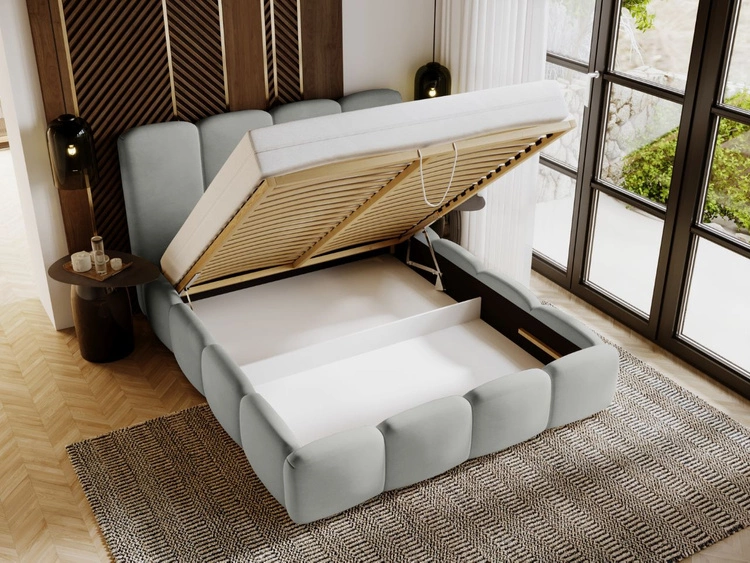 Łóżko tapicerowane z pojemnikiem i stelażem 140x200 Galli Jasnoszare