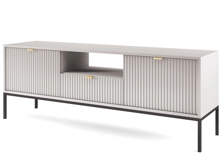 Szafka pod telewizor z szufladami i drzwiczkami Amber szara na czarnych nogach