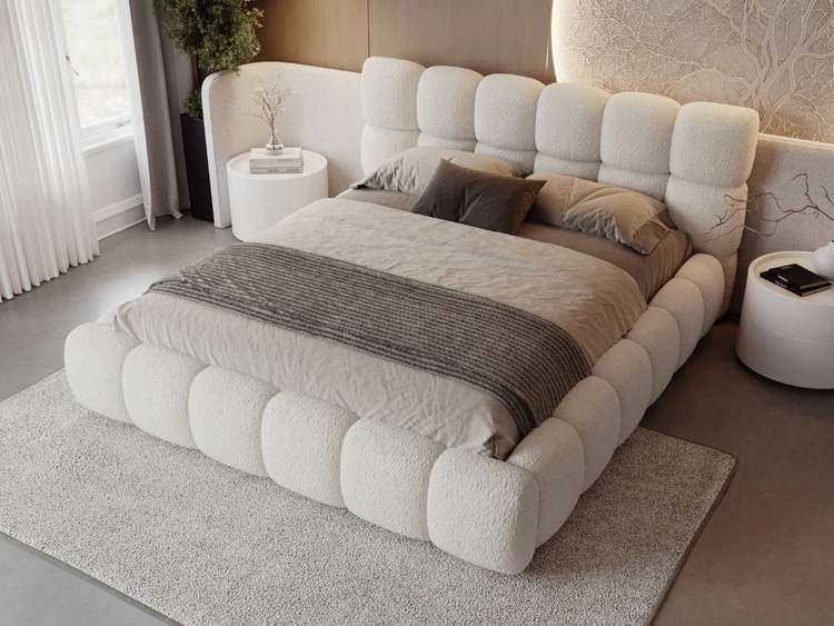 Łóżko tapicerowane z pojemnikiem na pościel i stelażem 140x200 Modo w tkaninie bouclé Beżowe