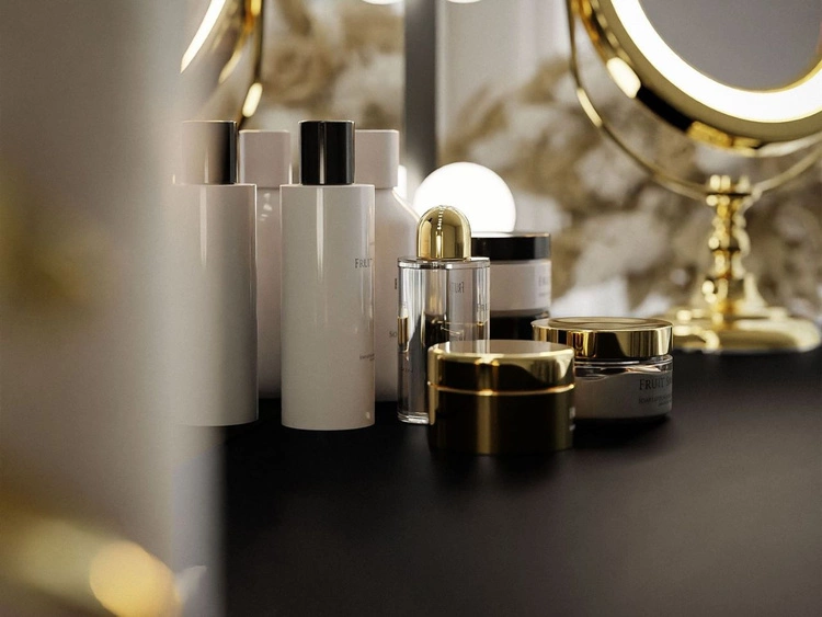 Toaletka glamour z szufladami, kryształowymi uchwytami i oświetleniem LED Olivine czarny połysk