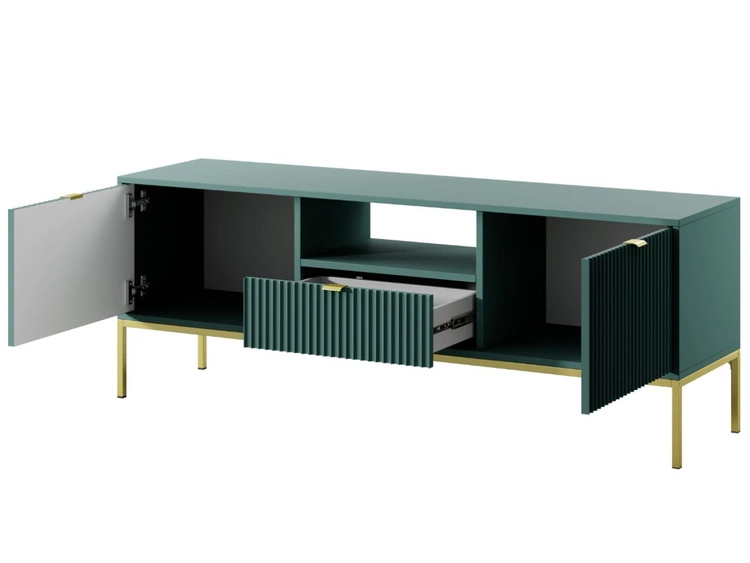 Szafka pod telewizor z szufladami i drzwiczkami Amber zielona na złotych nogach