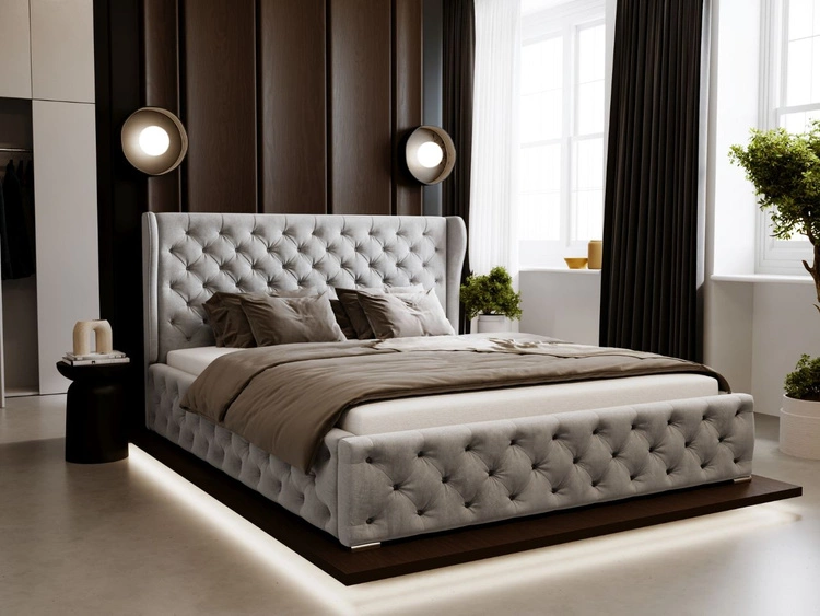 Łóżko tapicerowane z pojemnikiem na pościel i stelażem 140x200 Kingston Jasnoszare