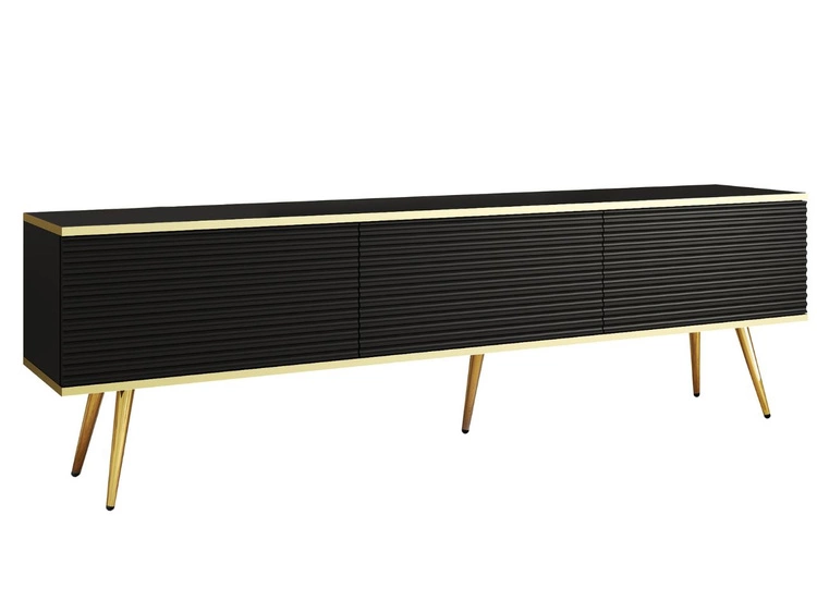 Szafka pod telewizor z drzwiczkami 175 cm z ryflowanym frontem Diolo Czarna na złotych nogach