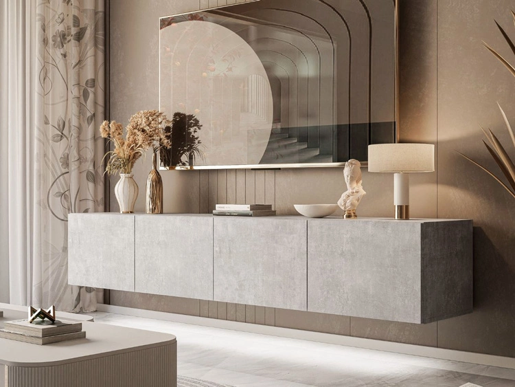 Wisząca szafka RTV pod telewizor z drzwiczkami i oświetlewniem LED 200 cm Nodoo Beton