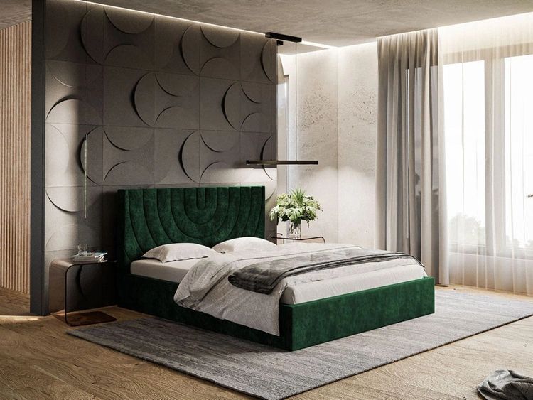 Łóżko tapicerowane z pojemnikiem i stelażem 140x200 Corti Ciemny zielony