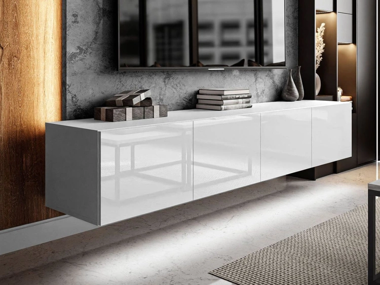 Wisząca szafka RTV pod telewizor z drzwiczkami i oświetlewniem LED 200 cm Nodoo Biały połysk