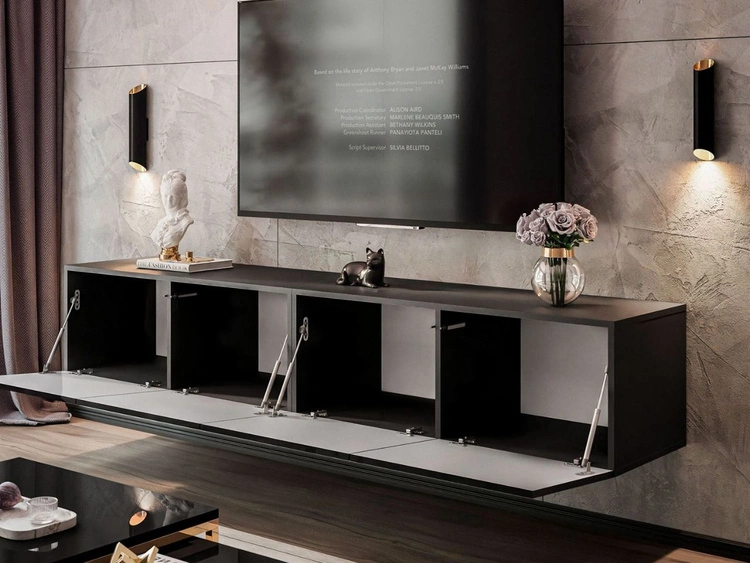 Wisząca szafka RTV pod telewizor z drzwiczkami i oświetlewniem LED 200 cm Nodoo Czarny połysk