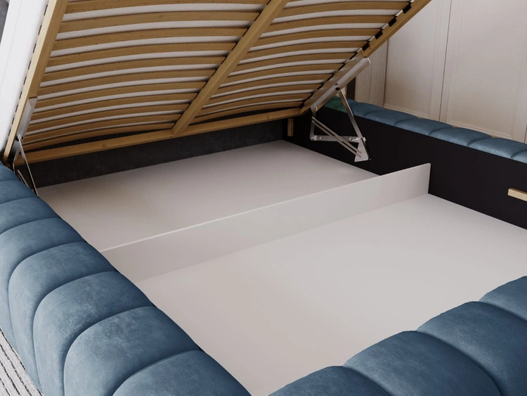 Łóżko tapicerowane z pojemnikiem na pościel i stelażem 180x200 Italia Niebieskie