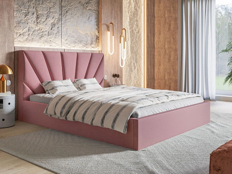 Łóżko tapicerowane z pojemnikiem i stelażem 140x200 Orlo różowe