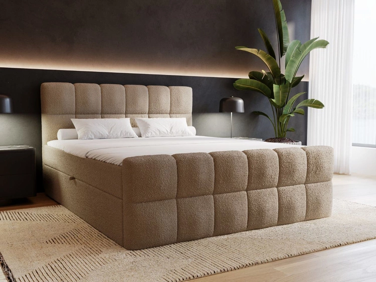 Łóżko kontynentalne z pojemnikiem na pościel 200x200 Alicante w tkaninie bouclé Brązowe