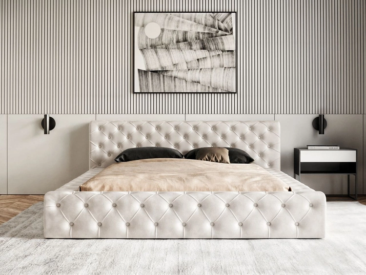 Łóżko tapicerowane z pojemnikiem i stelażem 140x200 cm Palini Beżowe