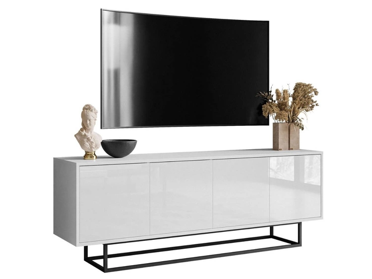 Szafka RTV pod telewizor z drzwiczkami na czarnym stelażu Vivance Biały połysk