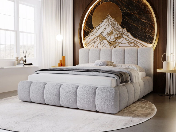 Łóżko tapicerowane bez pojemnika ze stelażem 160x200 Cloud w tkaninie bouclé Jasnoszare