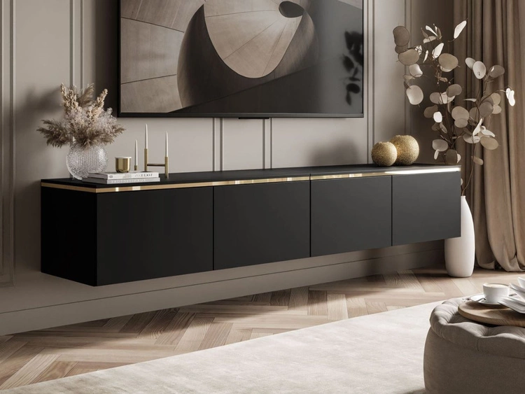 Szafka RTV wisząca w stylu glamour z oświetleniem LED Celle czarny mat