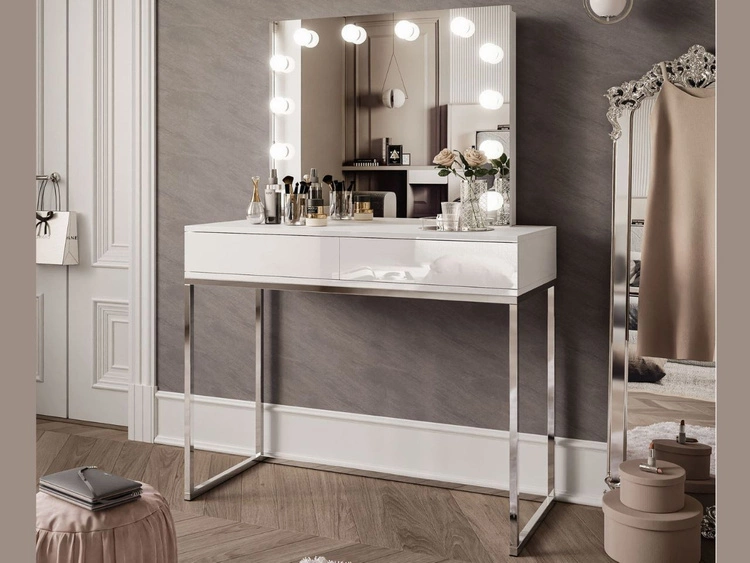Toaletka glamour z szufladami, lustrem i oświetleniem LED Brisa biały połysk