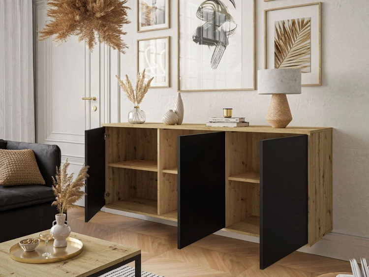 Trzydrzwiowa komoda 154 cm w stylu loft wisząca Vivance czarny mat i dąb artisan