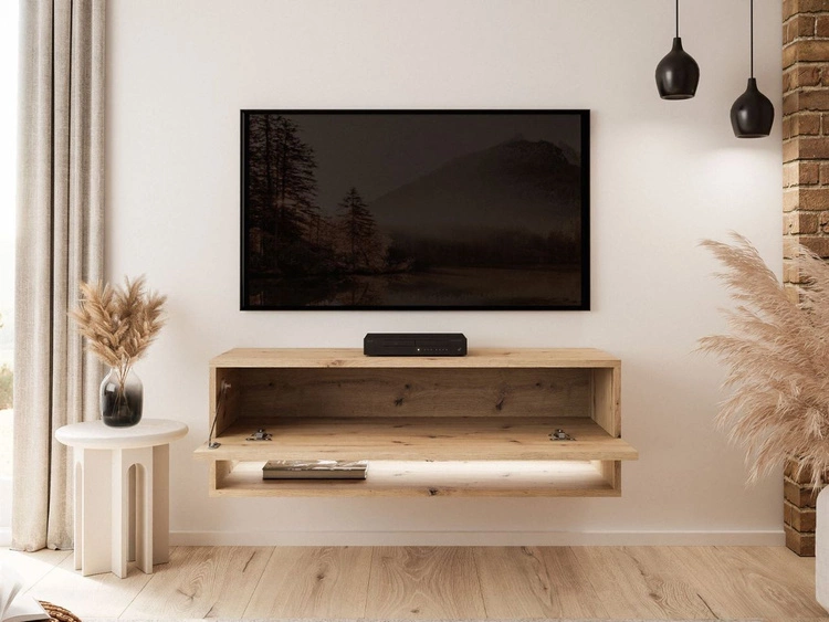 Szafka RTV wisząca 90 cm do salonu z oświetleniem LED Aurelie Dąb Artisan