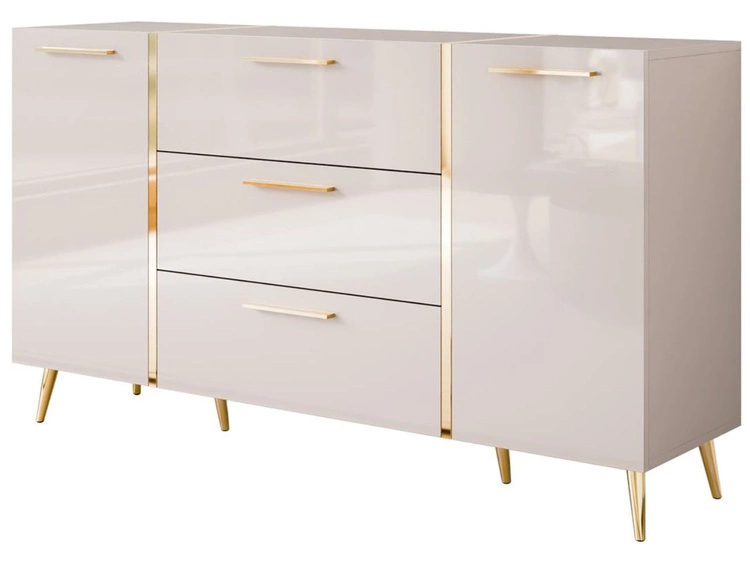 Dwudrzwiowa komoda 158 cm z trzema szufladami i złotymi uchwytami Lunelie kaszmir połysk