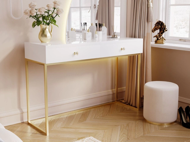 Toaletka z szufladami Belleza Biały połysk Złoty stelaż