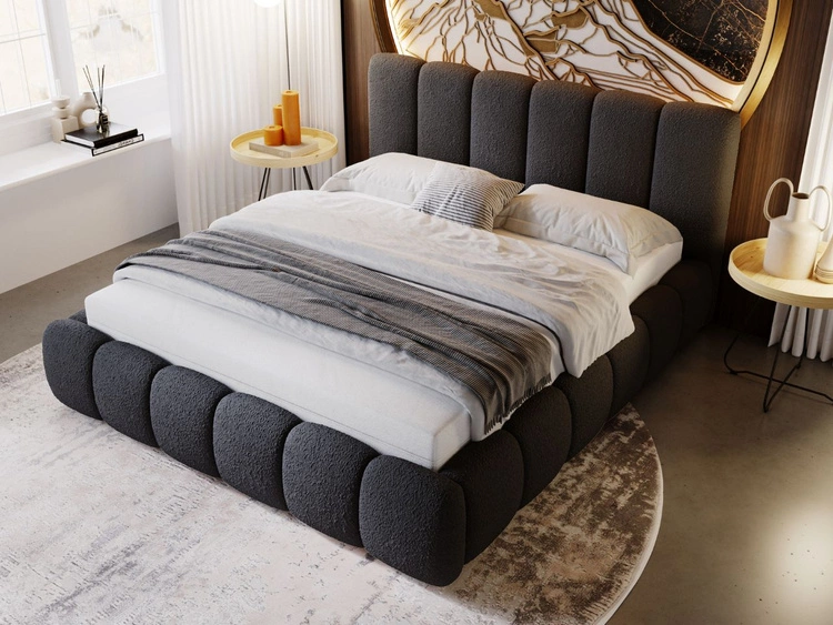 Łóżko tapicerowane bez pojemnika ze stelażem 120x200 Cloud w tkaninie bouclé Czarne