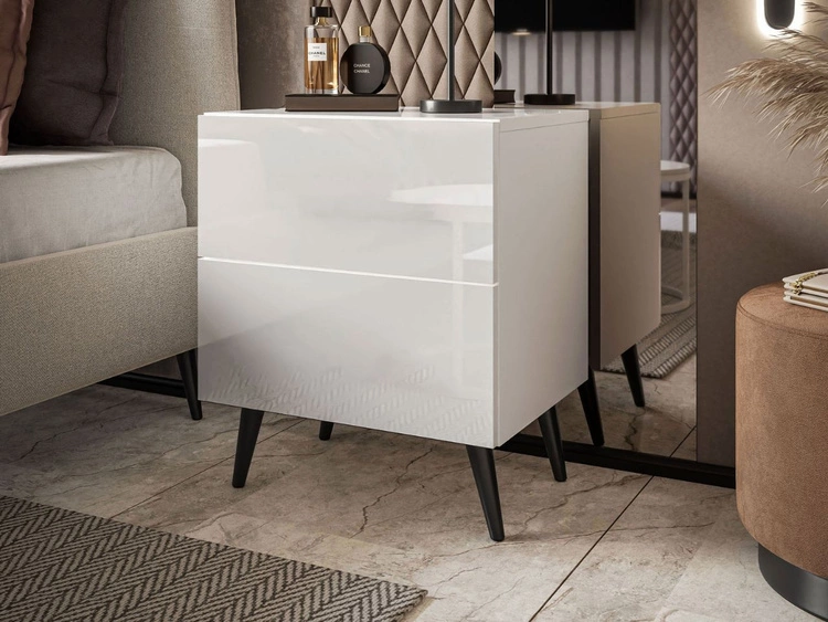 Stolik nocny z szufladami na czarnych nogach Noaé Lux Biały połysk
