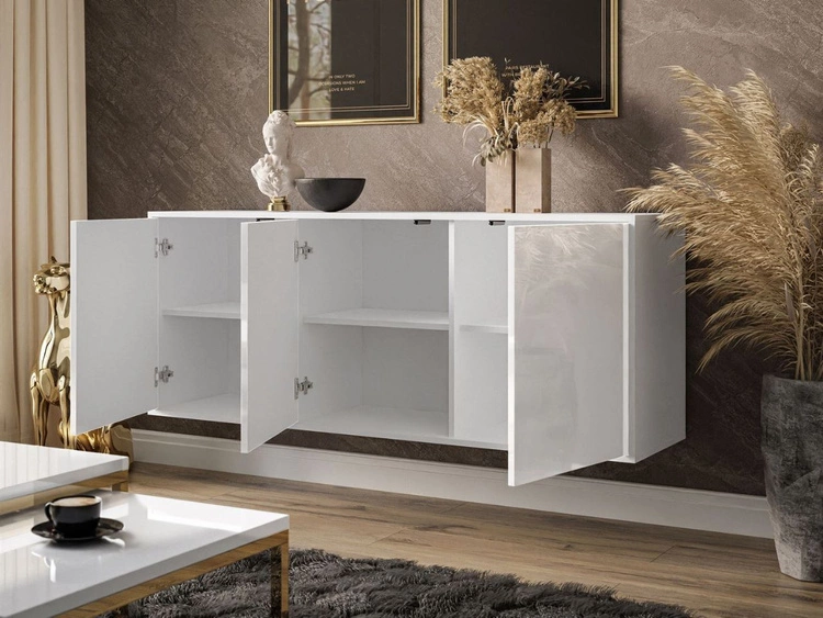 Trzydrzwiowa komoda 154 cm w stylu glamour na srebrnych nogach Vivance biały połysk