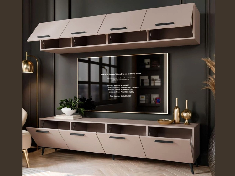 Meblościanka do salonu z oświetleniem LED na czarnych nogach Noaé Kaszmir