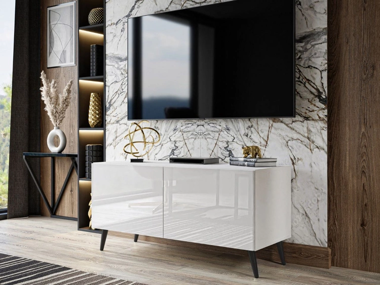 Szafka RTV pod telewizor z drzwiczkami na czarnych nóżkach 100 cm Noaé Biały połysk