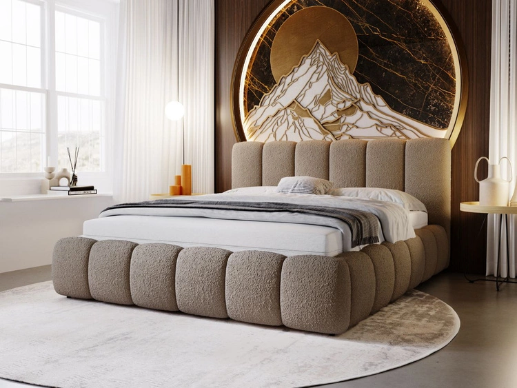 Łóżko tapicerowane bez pojemnika ze stelażem 120x200 Cloud w tkaninie bouclé Brązowe