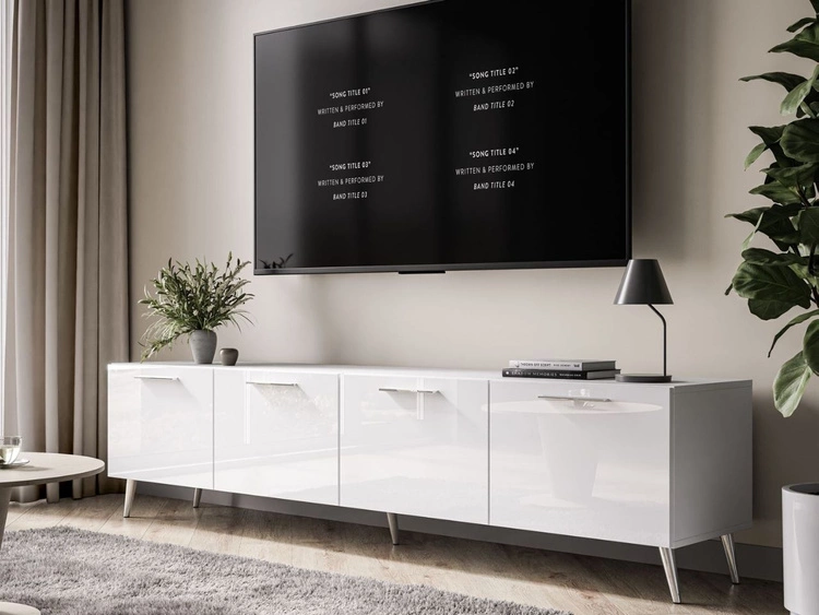 Szafka RTV pod telewizor z drzwiczkami na srebrnych nóżkach 200 cm Noaé Biały Połysk