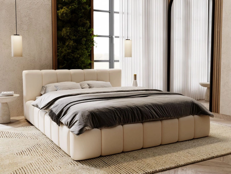 Łóżko tapicerowane z pojemnikiem i stelażem 140x200 Split Kremowy