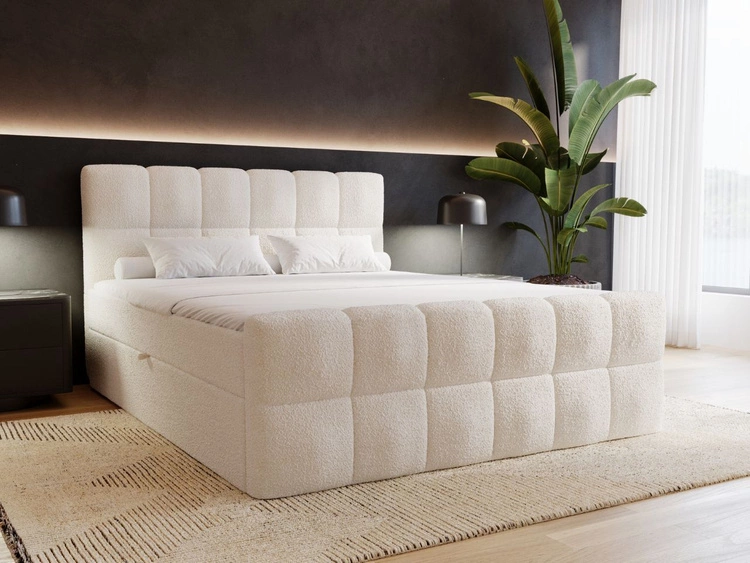 Łóżko kontynentalne z pojemnikiem na pościel 160x200 Alicante w tkaninie bouclé Beżowe